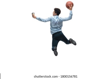 Man In Office Clothes Playing Basketball On White Background