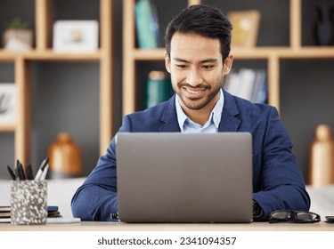 Man in office with laptop, smile and typing email, proposal or writing online report networking at startup. Happy businessman, computer and administration work for editing, copywriting or web search. - Shutterstock ID 2341094357