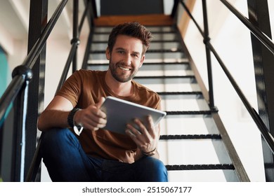 Man, office and portrait with tablet in staircase for creative idea, research and project as interior designer. Business, male employee and smile in startup on for communication and networking - Powered by Shutterstock