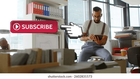 Man in office using tablet, surrounded by files, with subscribe button overlay. Business, technology, modern, digital, corporate, productivity