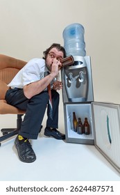 Man, office worker drinking from beer bottle beside water cooler and open fridge, seeking escape from pressures and fatigue of corporate routine. Concept of burnout, breaking point, and stress relief.