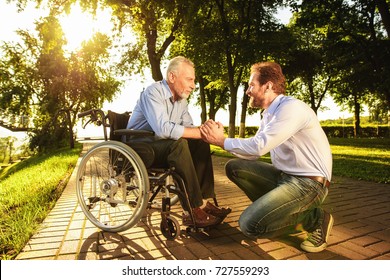 A man and an old man in a wheelchair are walking in the park. They are happy. The man crouched beside him and holds the old man by the hand