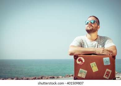 Man On The Beach. Summer Travel And Vacation Concept