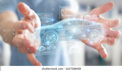 Man on blurred background holding and touching holographic smart car interface projection 3D rendering - Shutterstock ID 1627208458