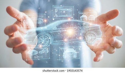 Man on blurred background holding and touching holographic smart car interface projection 3D rendering - Shutterstock ID 1903143574