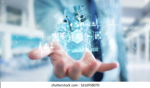 Man On Blurred Background Using Digital X-ray Of Human Heart Holographic Scan Projection 3D Rendering