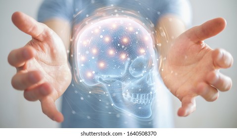 Man on blurred background using digital x-ray skull holographic scan projection 3D rendering