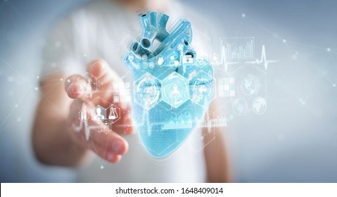 Man On Blurred Background Using Digital X-ray Of Human Heart Holographic Scan Projection 3D Rendering