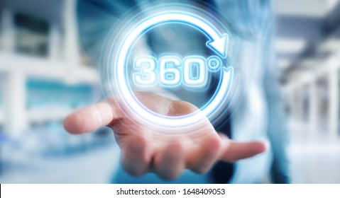 Man on blurred background using 360 degree virtual reality neon interface 3D rendering