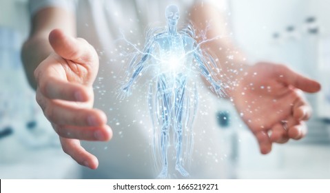 Man on blurred background using digital x-ray human body holographic scan projection 3D rendering