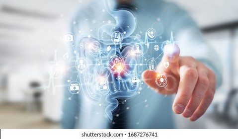 Man on blurred background using digital x-ray of human intestine holographic scan projection 3D rendering