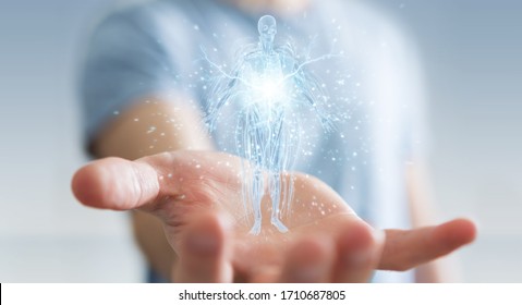 Man on blurred background using digital x-ray human body holographic scan projection3D rendering