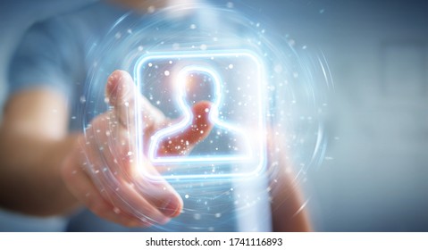 Man on blurred background using digital blue holographic user interface 3D rendering