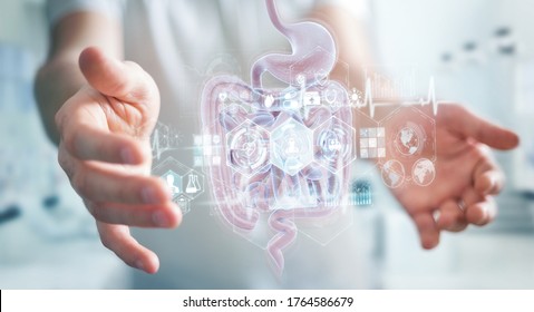 Man on blurred background using digital x-ray of human intestine holographic scan projection 3D rendering