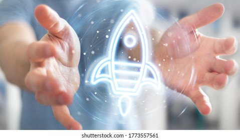 Man on blurred background using startup digital neon interface 3D rendering