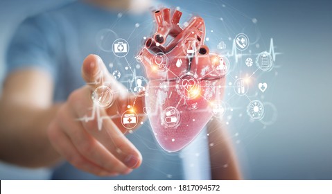 Man On Blurred Background Using Digital X-ray Of Human Heart Holographic Scan Projection 3D Rendering