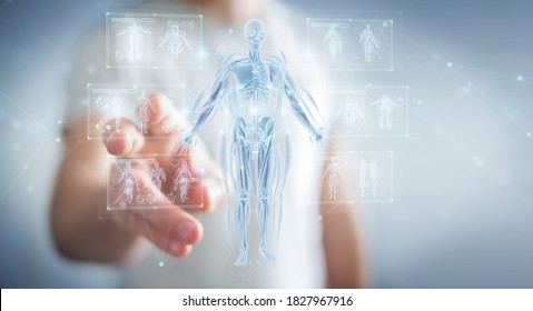 Man on blurred background using digital x-ray human body holographic scan projection 3D rendering