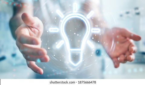 Man on blurred background using lightbulb neon digital interface 3D rendering