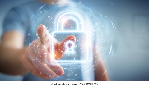 Man on blurred background using digital web protection blue holographic interface 3D rendering