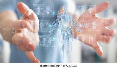 Man on blurred background using digital x-ray human body holographic scan projection 3D rendering