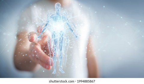 Man on blurred background using digital x-ray human body holographic scan projection 3D rendering - Shutterstock ID 1994885867