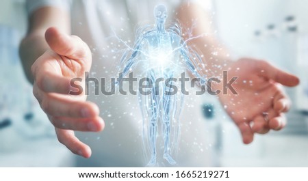 Man on blurred background using digital x-ray human body holographic scan projection 3D rendering