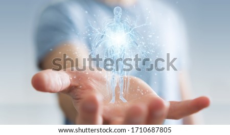 Man on blurred background using digital x-ray human body holographic scan projection3D rendering