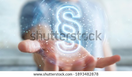 Man on blurred background using law paragraph digital neon hologram 3D rendering