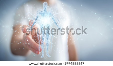 Man on blurred background using digital x-ray human body holographic scan projection 3D rendering