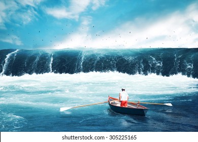 Man on a boat facing tsunami
