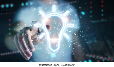 Man on dark background using lightbulb neon digital interface 3D rendering