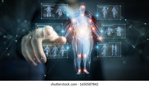 Man on dark background using digital x-ray human body holographic scan projection 3D rendering