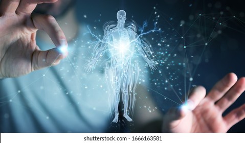 Man on dark background using digital x-ray human body holographic scan projection 3D rendering