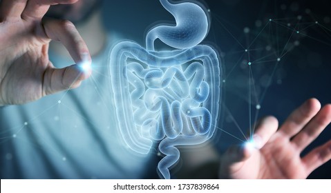 Man on dark background using digital x-ray of human intestine holographic scan projection 3D rendering