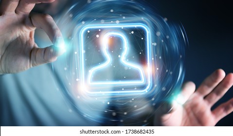 Man on dark background using digital blue holographic user interface 3D rendering