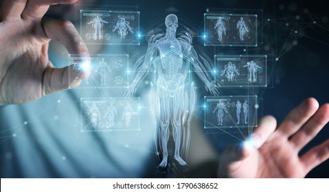 Man on dark background using digital x-ray human body holographic scan projection 3D rendering
