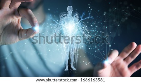 Man on dark background using digital x-ray human body holographic scan projection 3D rendering