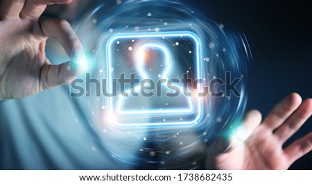 Man on dark background using digital blue holographic user interface 3D rendering