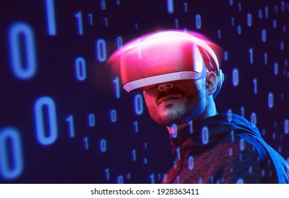 Man on dark virtual reality background. Guy using VR helmet. Augmented reality, future technology, game concept. Blue neon light. Futuristic holographic interface to display data.