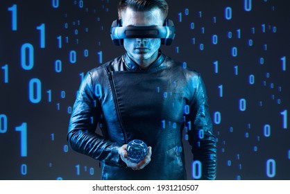 Man on dark virtual reality background. Guy using VR helmet. Augmented reality, future technology, game concept. Blue neon light. Futuristic holographic interface to display data.
