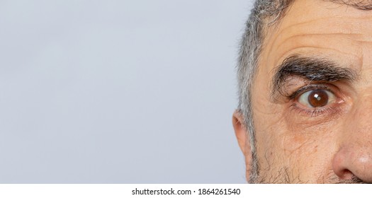 A Man On A Gray Background Banner With A Place For Text. Cataract - A Disease Of The Human Eye, Clouding Of The Lens. Ophthalmology