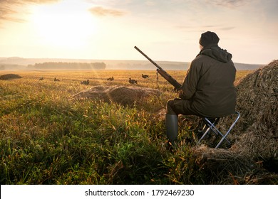 The Man Is On The Hunt. Hunter With A Hunting Gun. Hunting For Game Birds. 