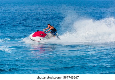 Man On Jet Ski Jump On The Wave, Alanya Turkey