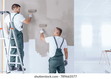 Man On Ladder Painting Wall On Beige Color Using Roller Next To Painter In Overalls