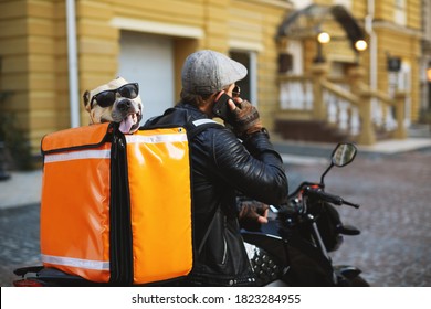 Man On Motorbike With The Dog Inside Special Thermo Bag For Delivery Food On The Street.Food Delivery Service.