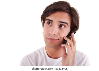 Man On The Phone, Bored Isolated On White Background. Studio Shot.