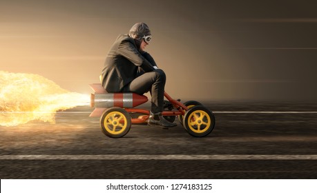 Man on a rocket pedal car