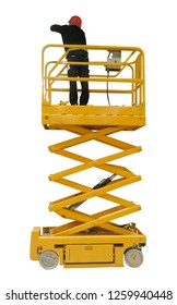 Man On Scissor Lift On White Background