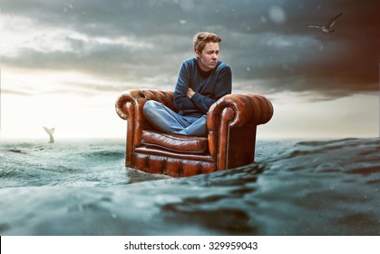 Man on a seat lost at sea