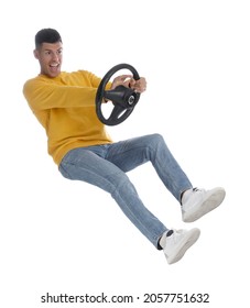 Man On Stool With Steering Wheel Against White Background